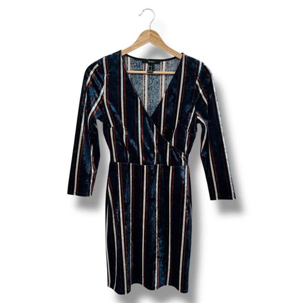 Forever 21 Velour Vertical Stripe Mini Dress Faux Wrap Long Sleeve Size Small